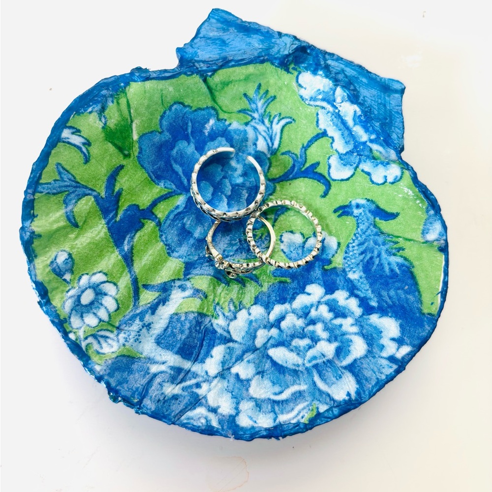Handmade Scallop Shell Trinket Dish W/ Green and Blue Floral Decoupage Design - Picture 2 of 4